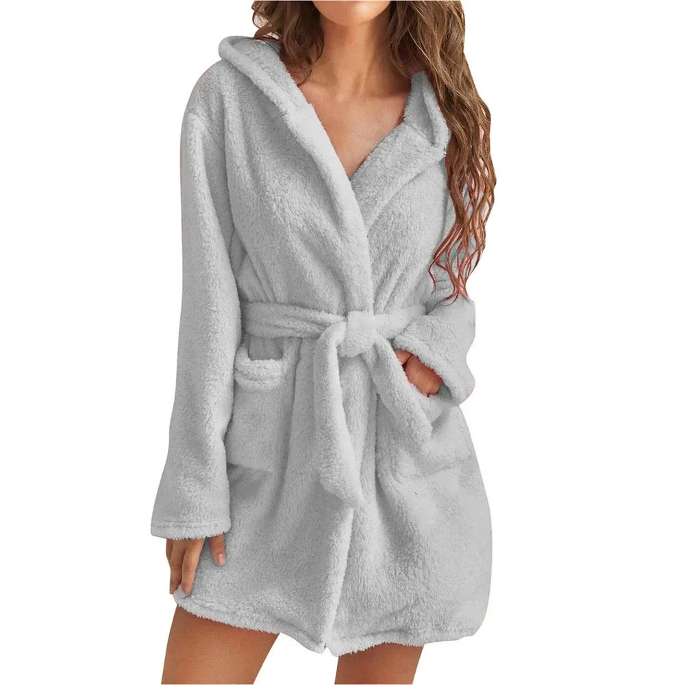 Solid Shower Kimono Robes Hooded for Women Long Sleeves Towel Bathrobe with Waist Girdle Female Cotton Sleepwear for Home Wear