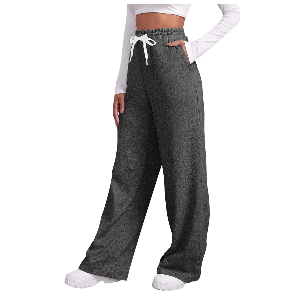 Women New Elastic Waist Pants with Side Pockets Fleece Lined Thick Wide Leg Sweatpants Pure Color Straight Cut