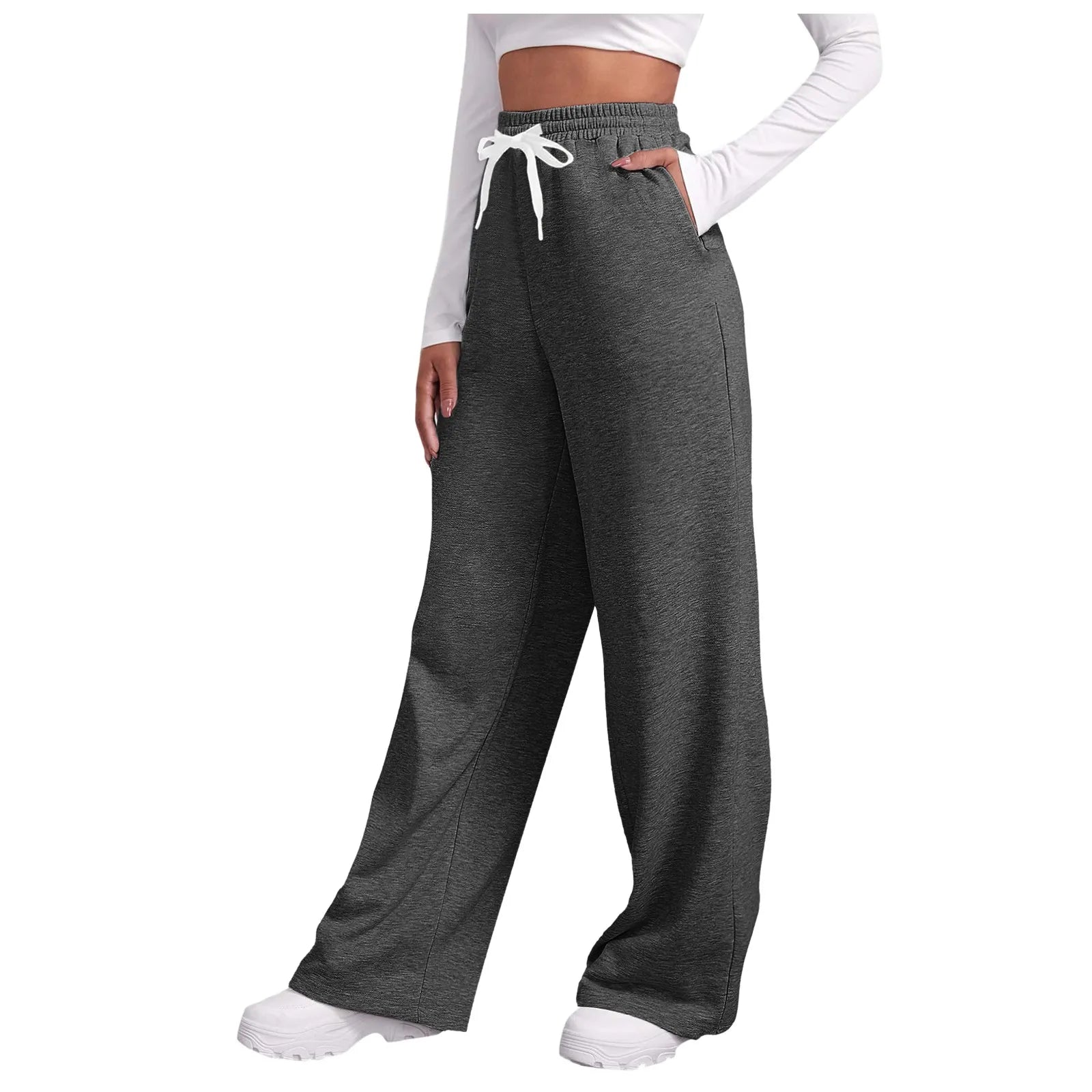 Women New Elastic Waist Pants with Side Pockets Fleece Lined Thick Wide Leg Sweatpants Pure Color Straight Cut