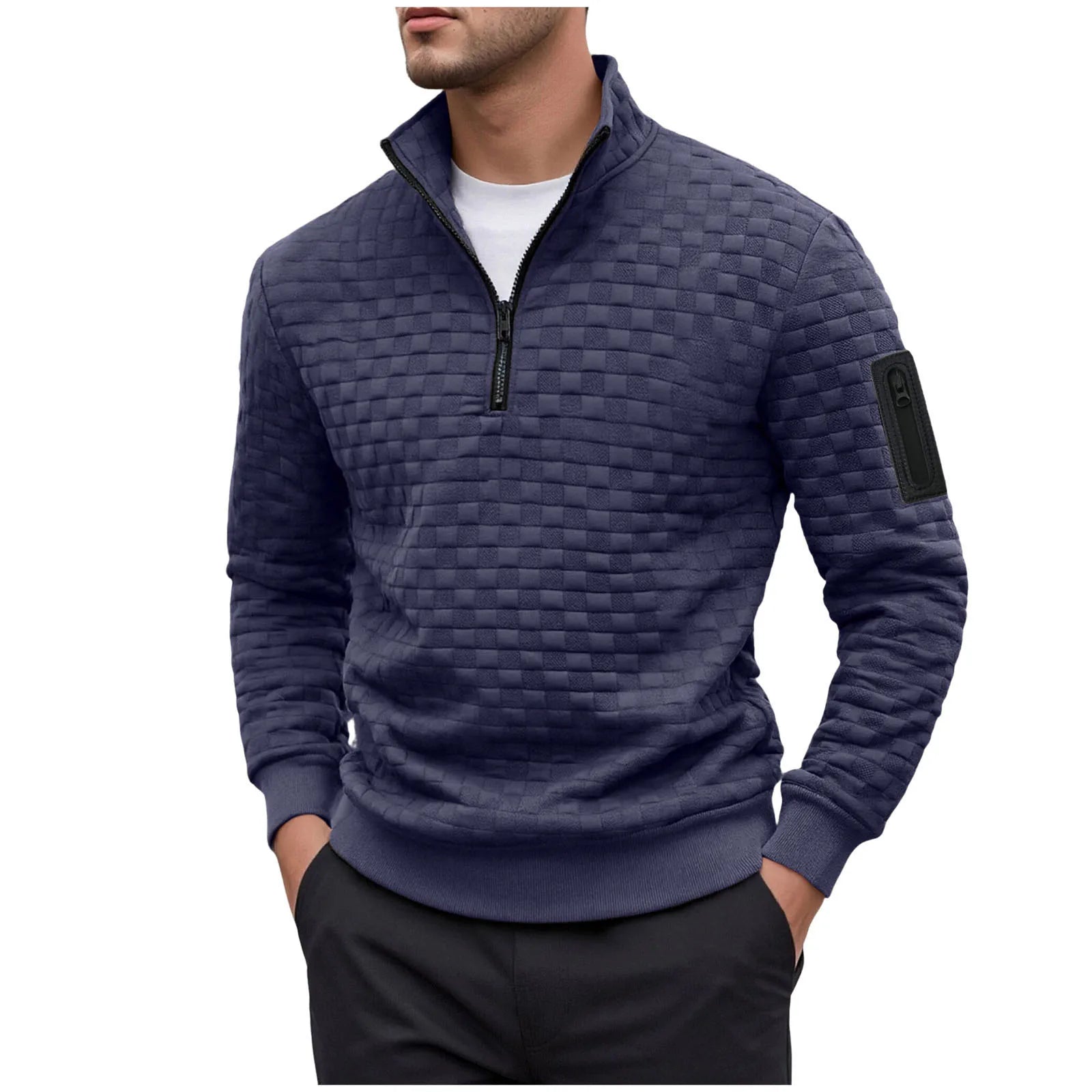 Autumn/Winter Soft Hoodless Sweatshirt Men's Warm Pullover Top Letter Checkered Half Zipper Sweatshirt Long-Sleeve Sweatshirts