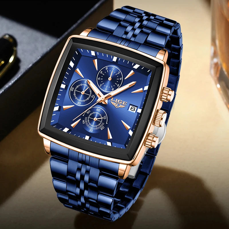 LIGE Top Brand Luxury Men's Watches Fashion Military Square Chronograph Quartz Wristwatches for Men Sports Waterproof Watch