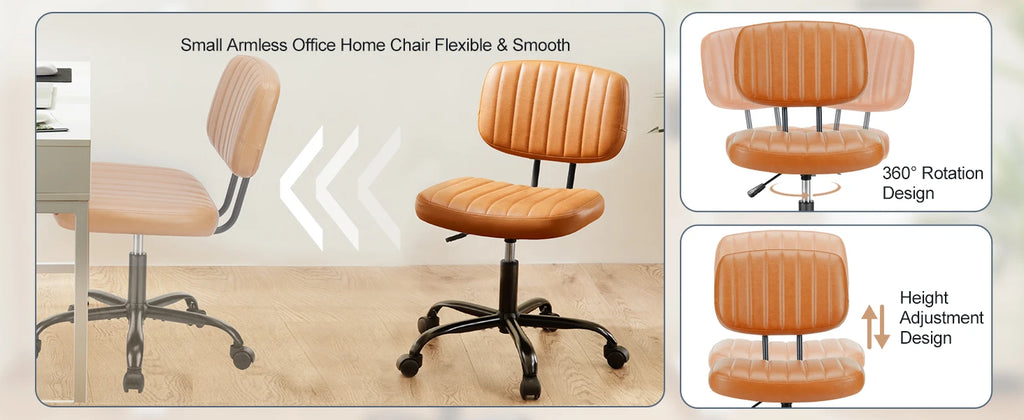 JHK Armless Office Desk Chair with Back Lumbar Support, Height Adjustable PU Leather Computer Chair with 360° Swivel Rolling Wheels