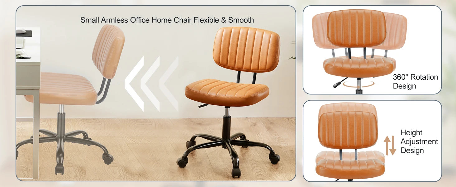 JHK Armless Office Desk Chair with Back Lumbar Support, Height Adjustable PU Leather Computer Chair with 360° Swivel Rolling Wheels