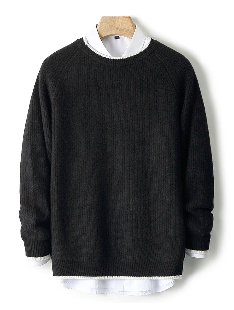 100% Pure Wool Men's Round Neck Thick Pullover Sweater - Youth Knitted Cashmere Sweater with Bottom