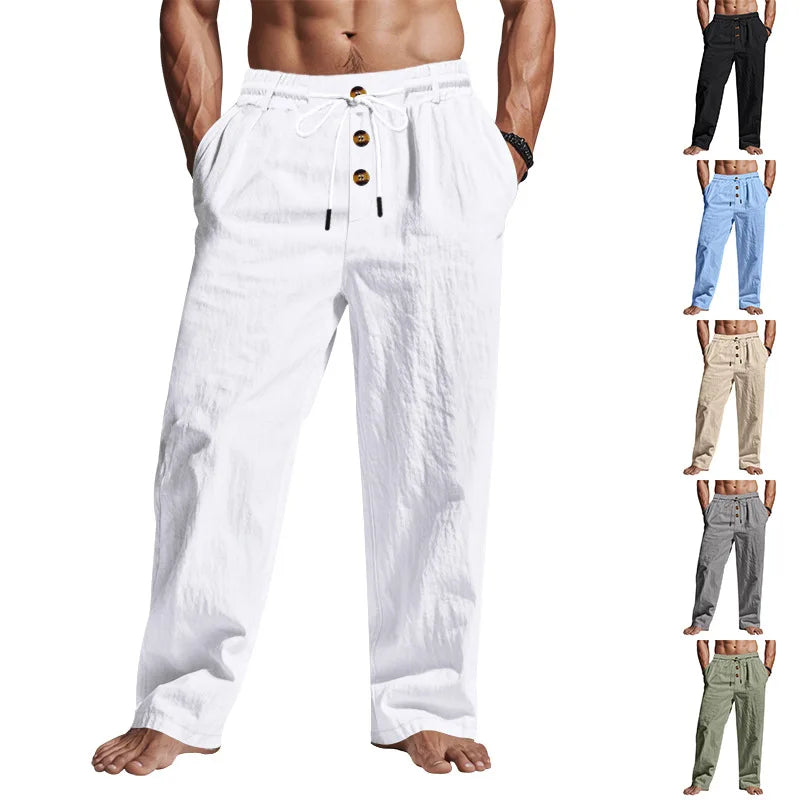 2026 Spring Autumn New American Casual Men's Beach Trendy Button Style Loose Skin-friendly Breathable Sports Linen Trousers