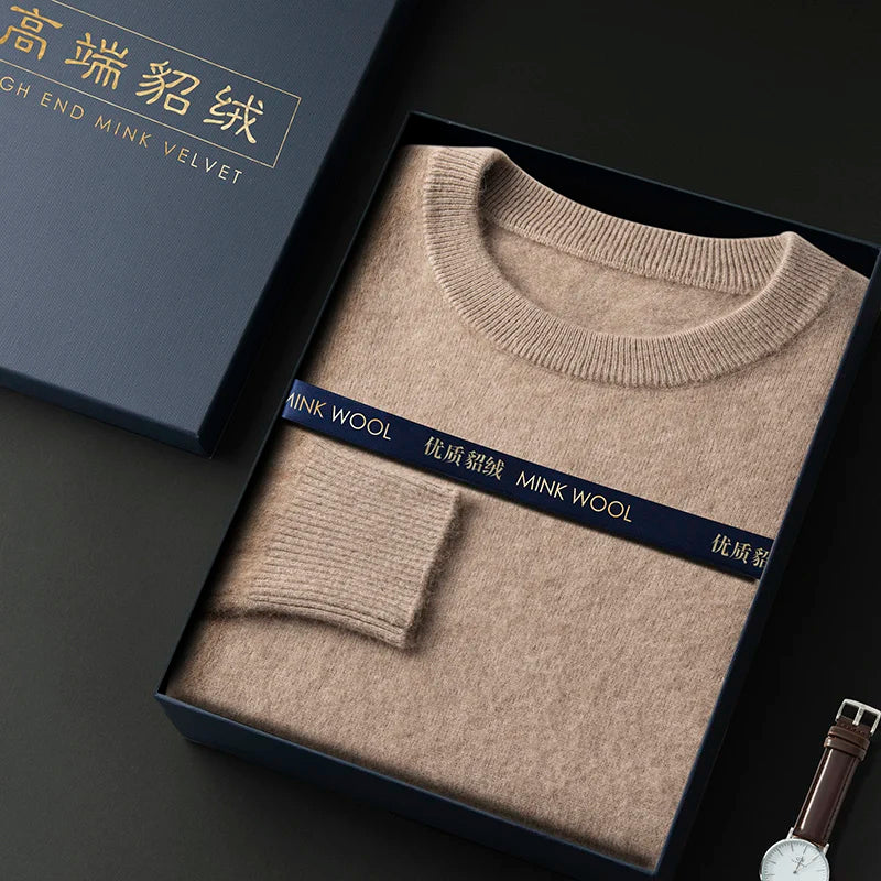 100% Pure Mink Cashmere Men's Round Neck Sweater for Autumn Winter, Casual Knitted Long Sleeved Pullover Sweater Men's Clothing