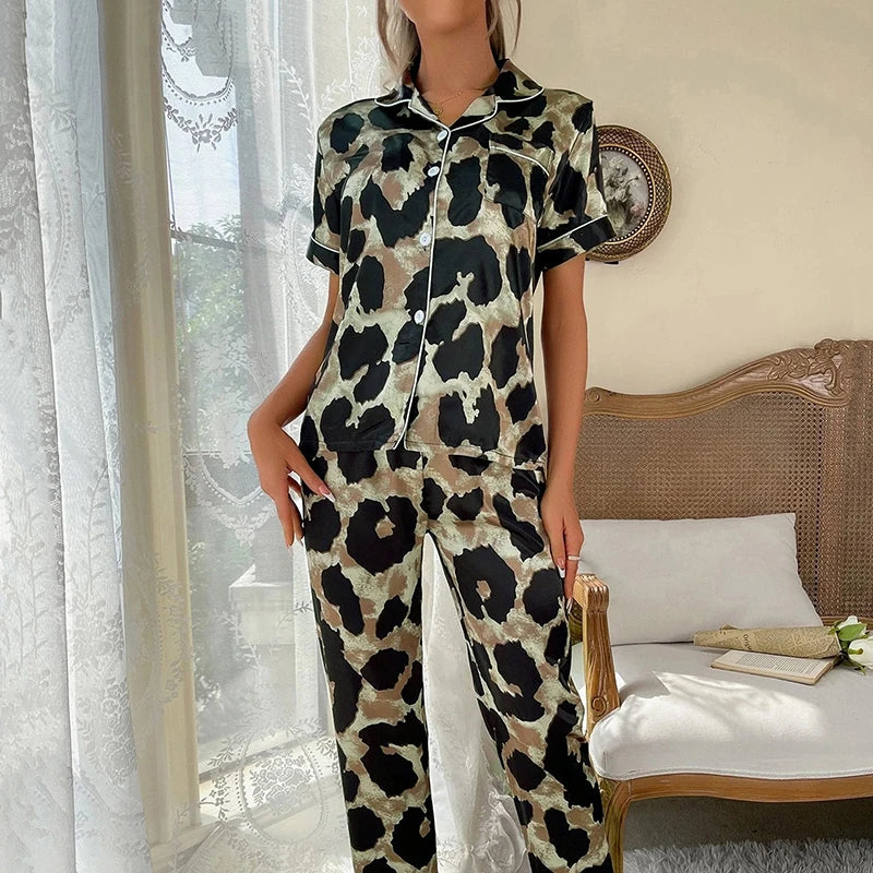 Spring Autumn Pajama Women Silk Satin Pajamas Set Long Sleeve Shirt with Trouser Sleepwear Loungewear Female Pajamas Suits Mujer