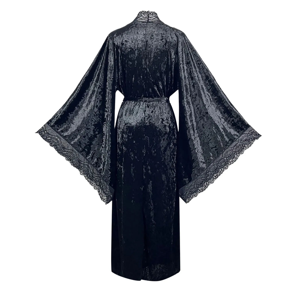 Women's Lace Velvet Bathrobe Breathable Nightgown Kimono Home Clothes Flare Sleeve Night Long Robe Female Sleepwear Homewear