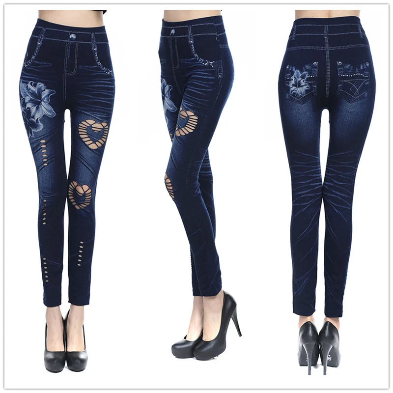 Women Sexy Casual Hollow Out Leggings Floral Print Yoga Pants Denim Pencil Fitness Elastic Ladies Hole Pants
