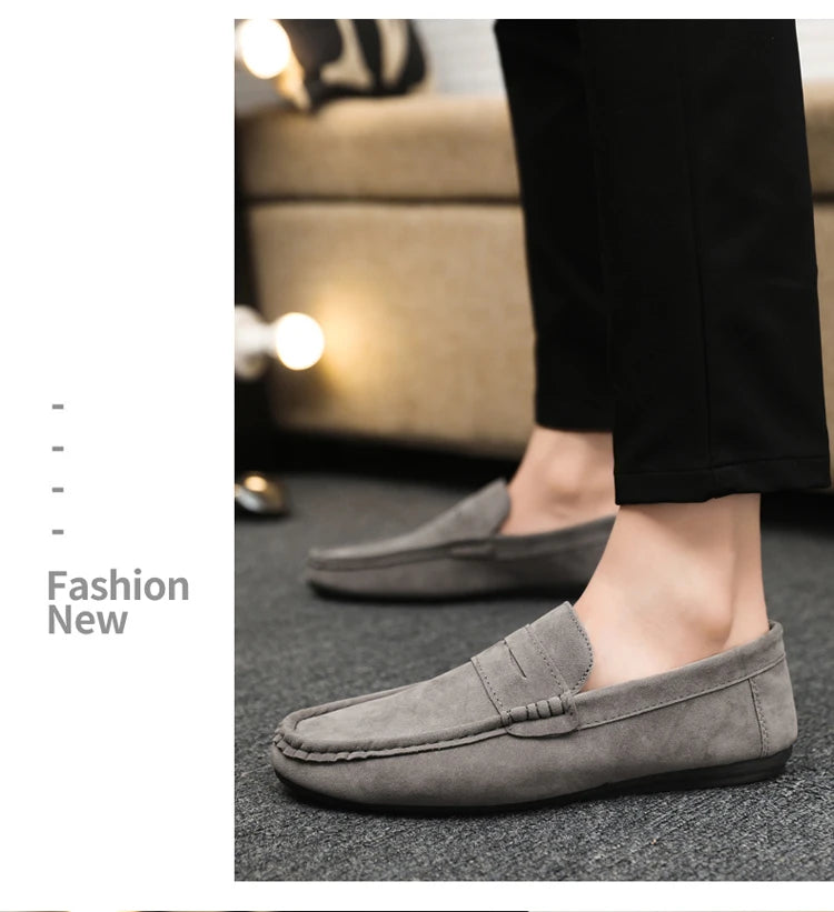 2025 Autumn Deer Leather Casual Men's Shoes Versatile Comfortable Work Shoes Driving Loafers Black, Grey, Khaki Three-Colour