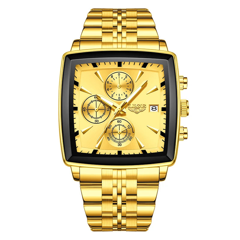 LIGE Top Brand Luxury Men's Watches Fashion Military Square Chronograph Quartz Wristwatches for Men Sports Waterproof Watch