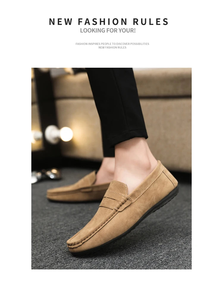 2025 Autumn Deer Leather Casual Men's Shoes Versatile Comfortable Work Shoes Driving Loafers Black, Grey, Khaki Three-Colour