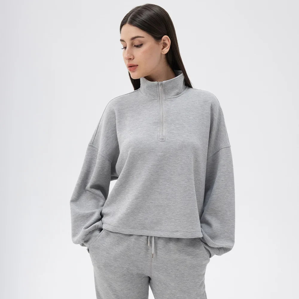 Women Autumn Winter Yoga Wear Sports Sweatshirt Modal Loose-Fit Casual Stand Collar Running Fitness Top & Pants Breathable Soft