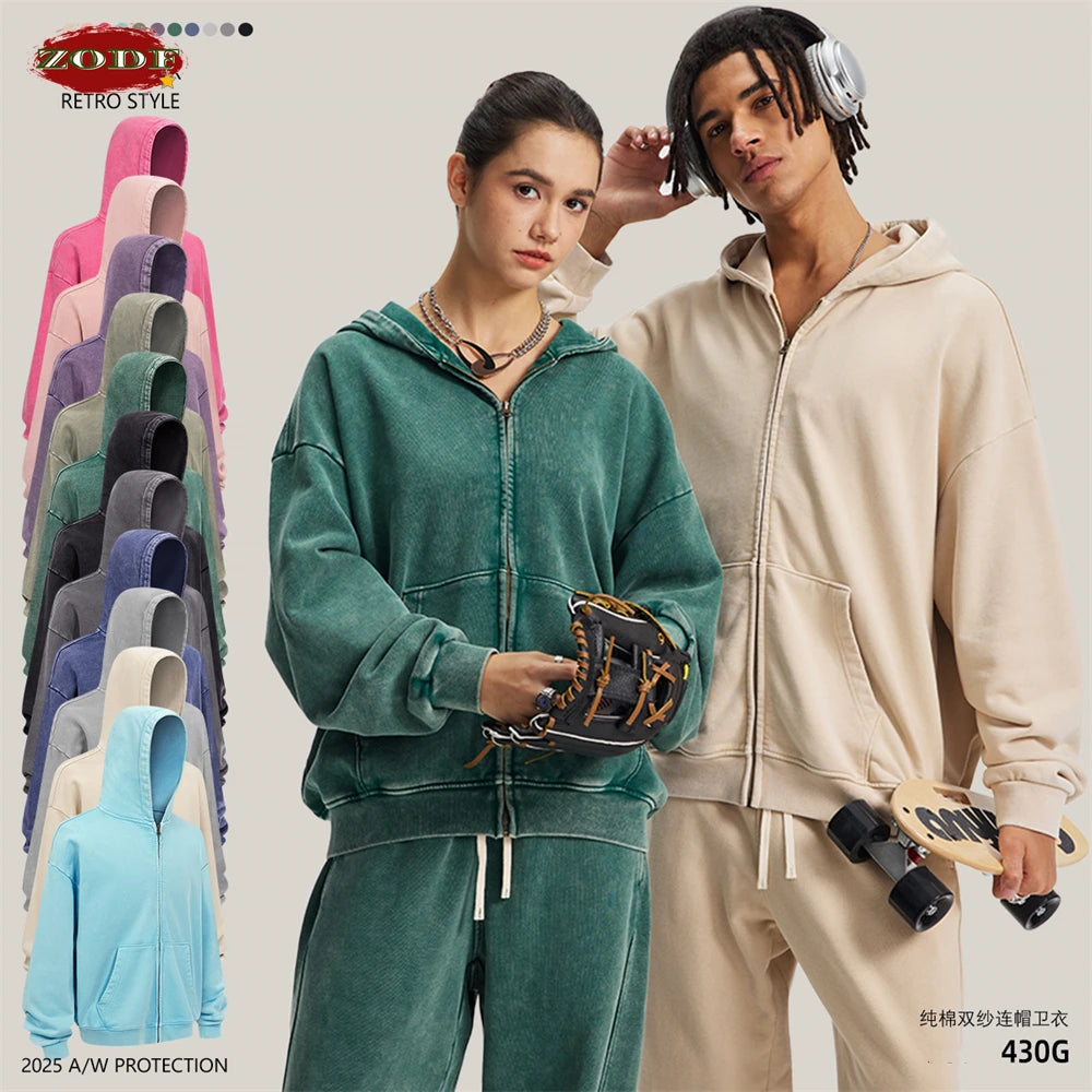 ZODF Trendy Batik Washed 430gsm Man's Zipper Hoodies Unisex Solid Loose Distressed Terry 100% Cotton Hooded Coats HY1159