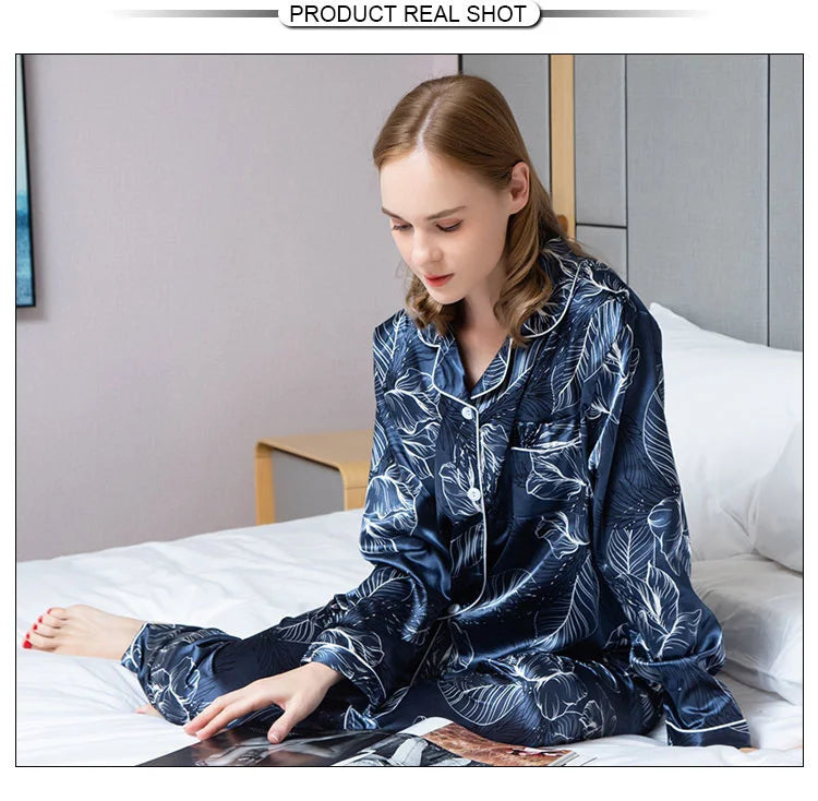 Spring Autumn Pajama Women Silk Satin Pajamas Set Long Sleeve Shirt with Trouser Sleepwear Loungewear Female Pajamas Suits Mujer