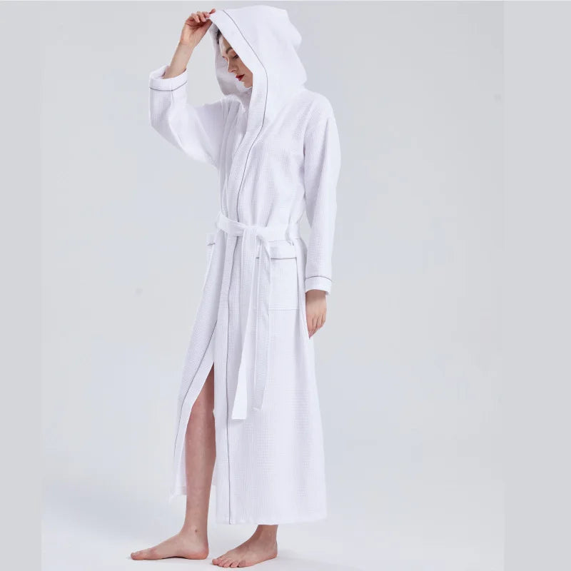 Pure Cotton Waffle Hooded Hotel SPA Robe for Men and Women - Quick Drying, Absorbent Kimono Yukata Sleepwear, Homewear, Casual Soft Bathrobe