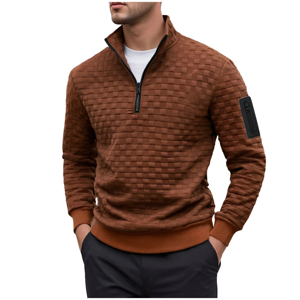 Autumn/Winter Soft Hoodless Sweatshirt Men's Warm Pullover Top Letter Checkered Half Zipper Sweatshirt Long-Sleeve Sweatshirts