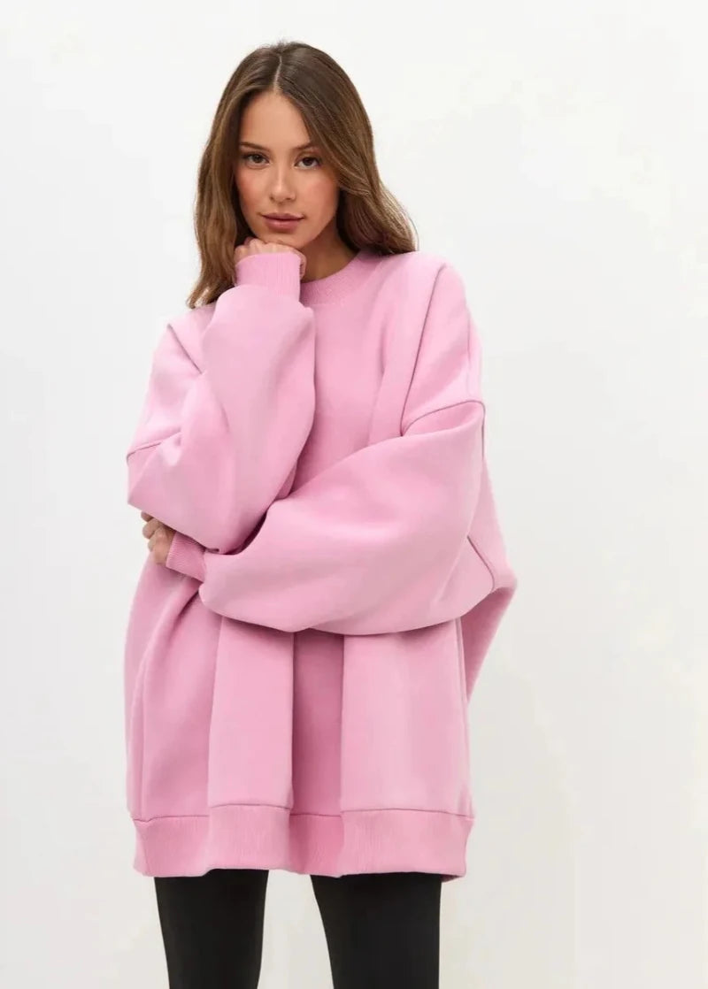 Plus Size Comfortably Lined Hooded Sweatshirt for Autumn and Winter for Men and Women - Solid Color Oversized Crew Neck Long Jumper
