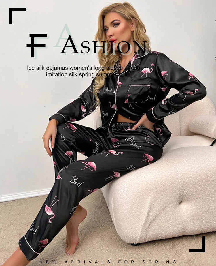 Spring Autumn Pajama Women Silk Satin Pajamas Set Long Sleeve Shirt with Trouser Sleepwear Loungewear Female Pajamas Suits Mujer