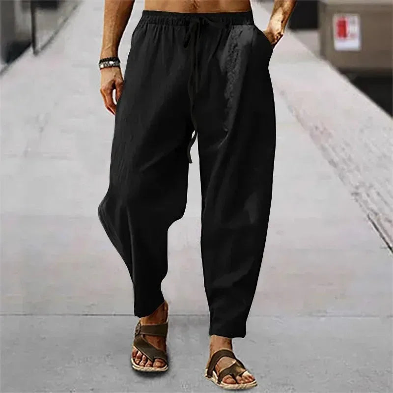 New Men's Cotton Linen Pants for Summer and Autumn - Solid High Waist Wide-Leg Trousers - Loose Hemp Casual Breathable Sports Pants