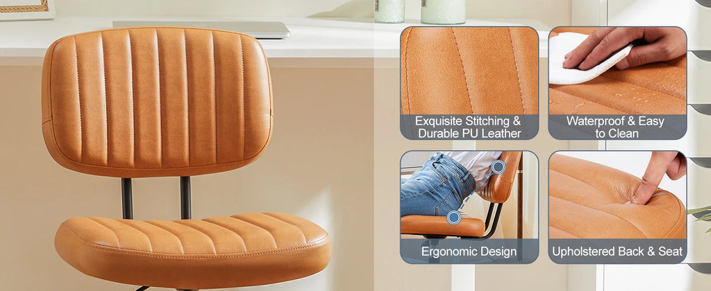 JHK Armless Office Desk Chair with Back Lumbar Support, Height Adjustable PU Leather Computer Chair with 360° Swivel Rolling Wheels