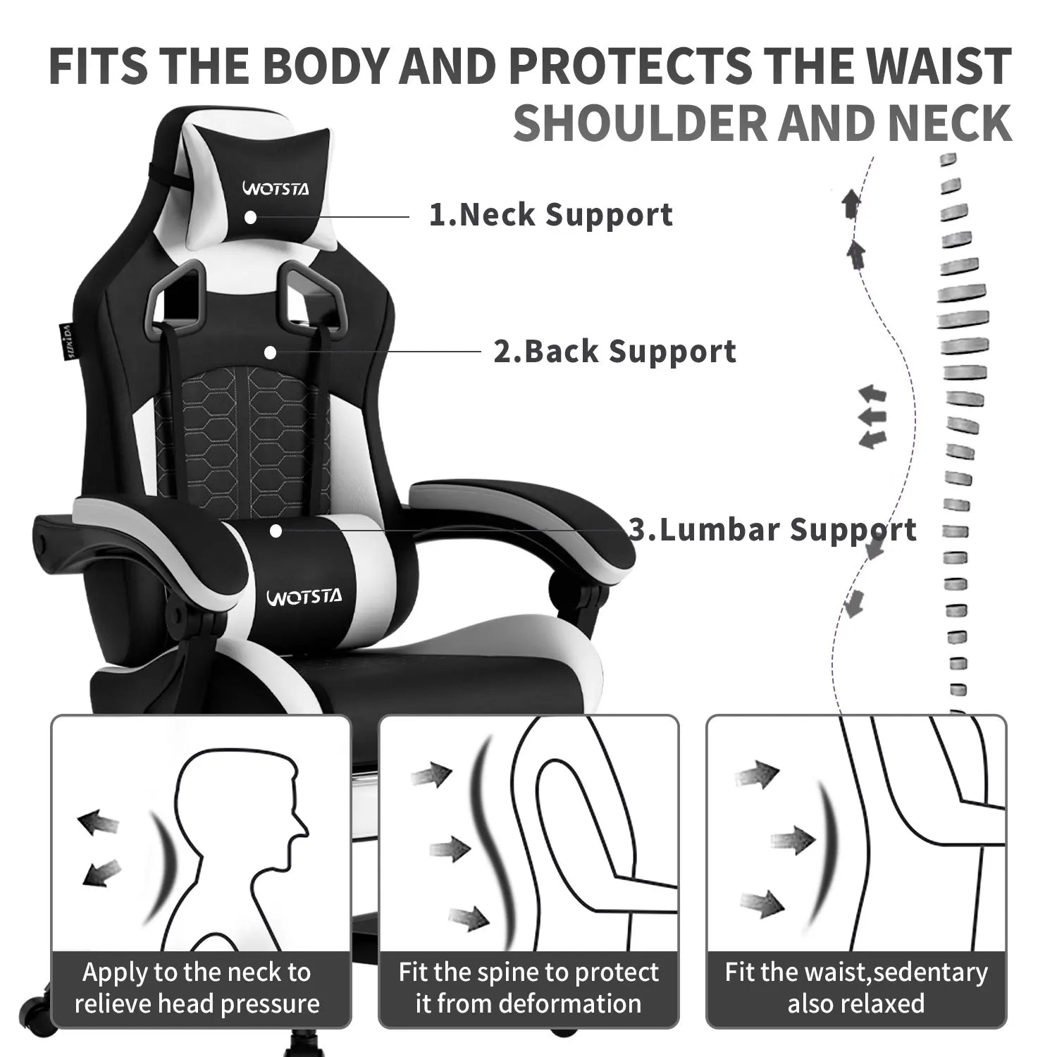 WOTSTA Gaming Chair with Footrest, Lumbar Support, Adjustable Height, Swivel Seat, Headrest, For Office or Gaming