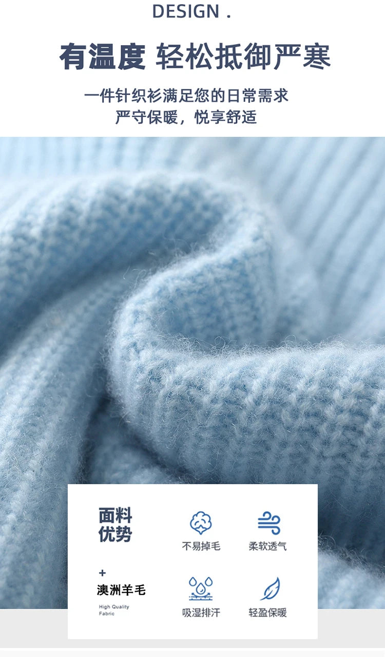 100% Pure Wool Men's Round Neck Thick Pullover Sweater - Youth Knitted Cashmere Sweater with Bottom
