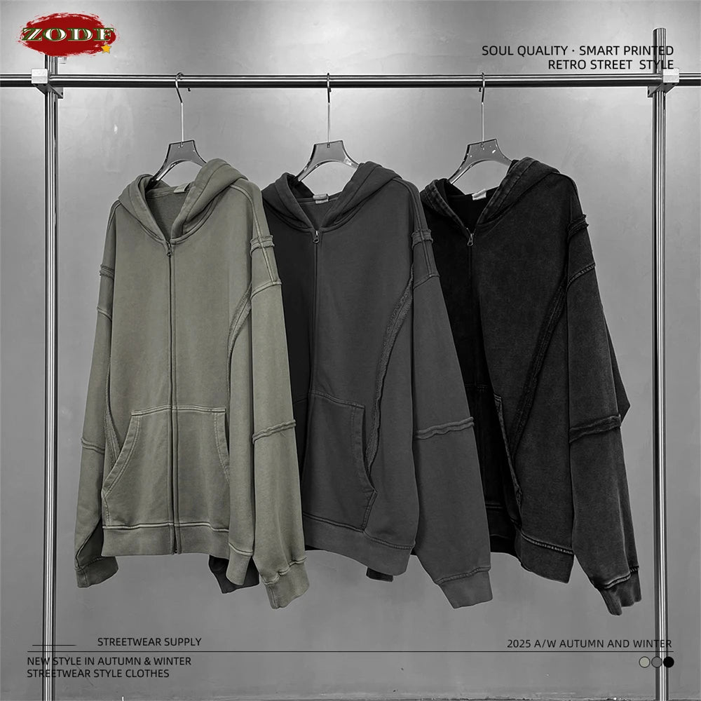 ZODF Retro Winter Man 430gsm Zipper Cotton Hoodies Unisex Heavy Weight Washed Loose Edge Zip-up Hooded Coats HY1125