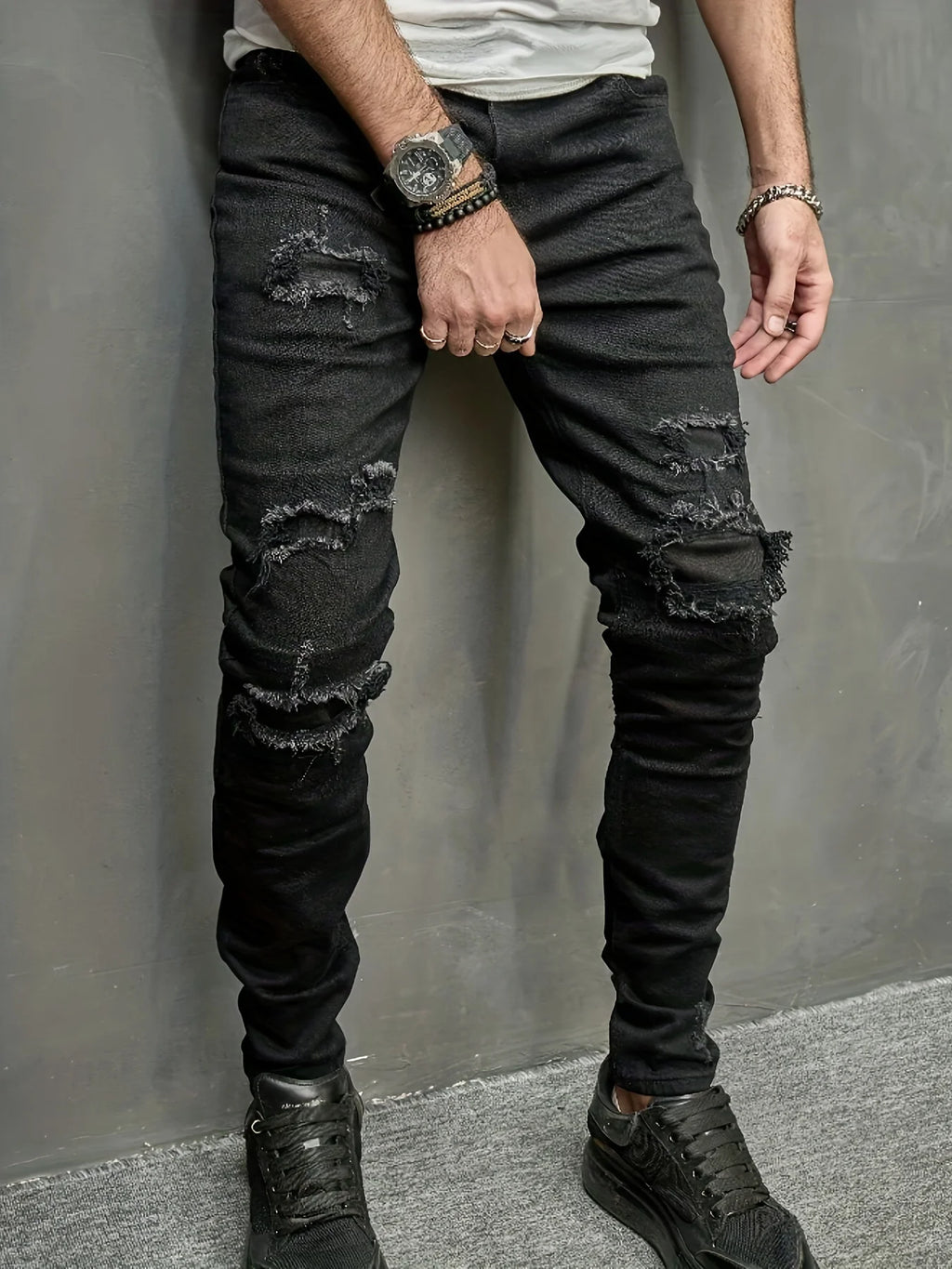 Men's Slim Fit Jeans with Torn Holes and Fabric Patch