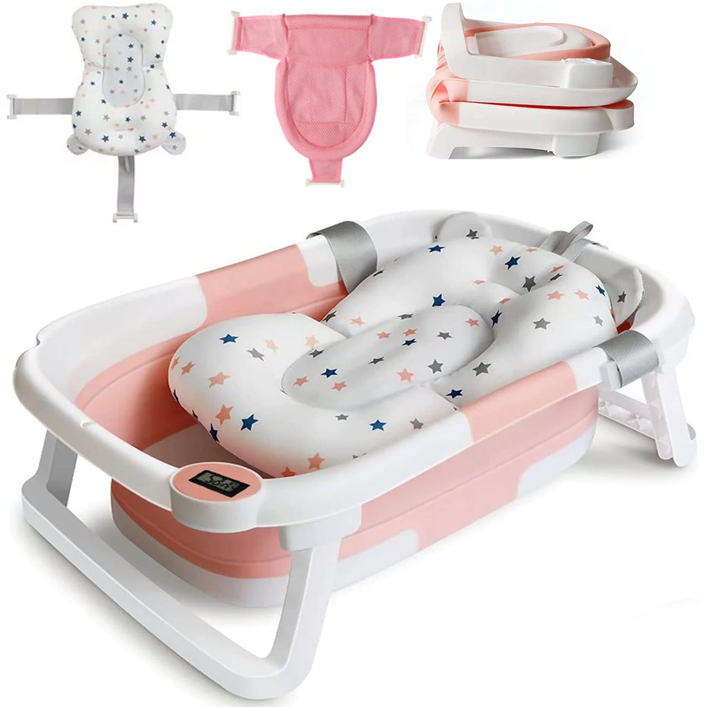 Foldable Baby Bath Tub with Bath Cushion for Infants and Toddlers - Thermometer, Non-Slip, Collapsible, Perfect from Newborn to Toddler