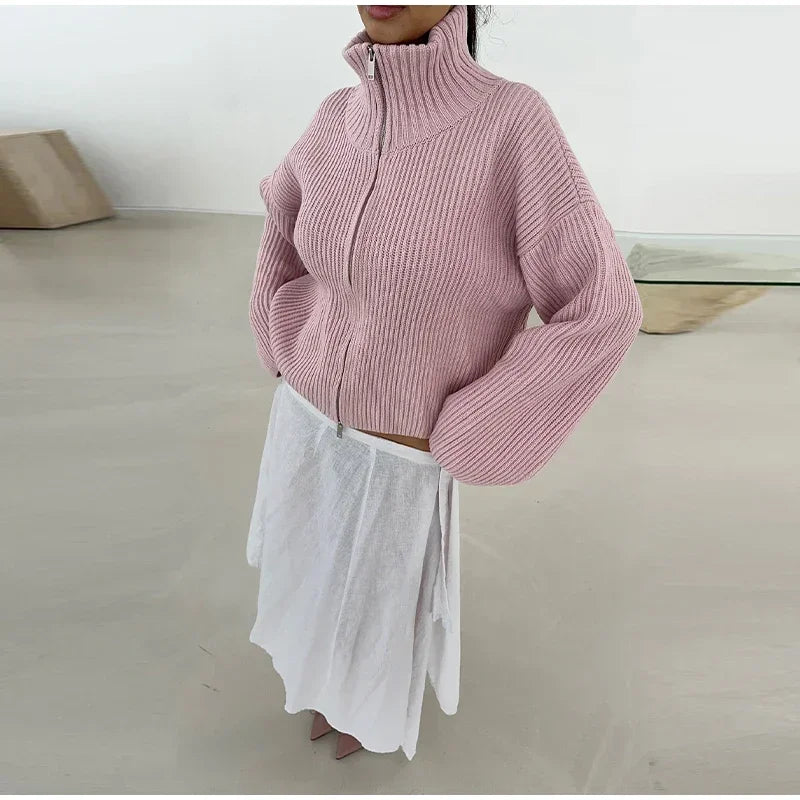 Women's Panelled Striped Zipper Knit Sweater Turtleneck Full Sleeve Coat 2026 Spring Autumn Female Casual Outings Daily Matching