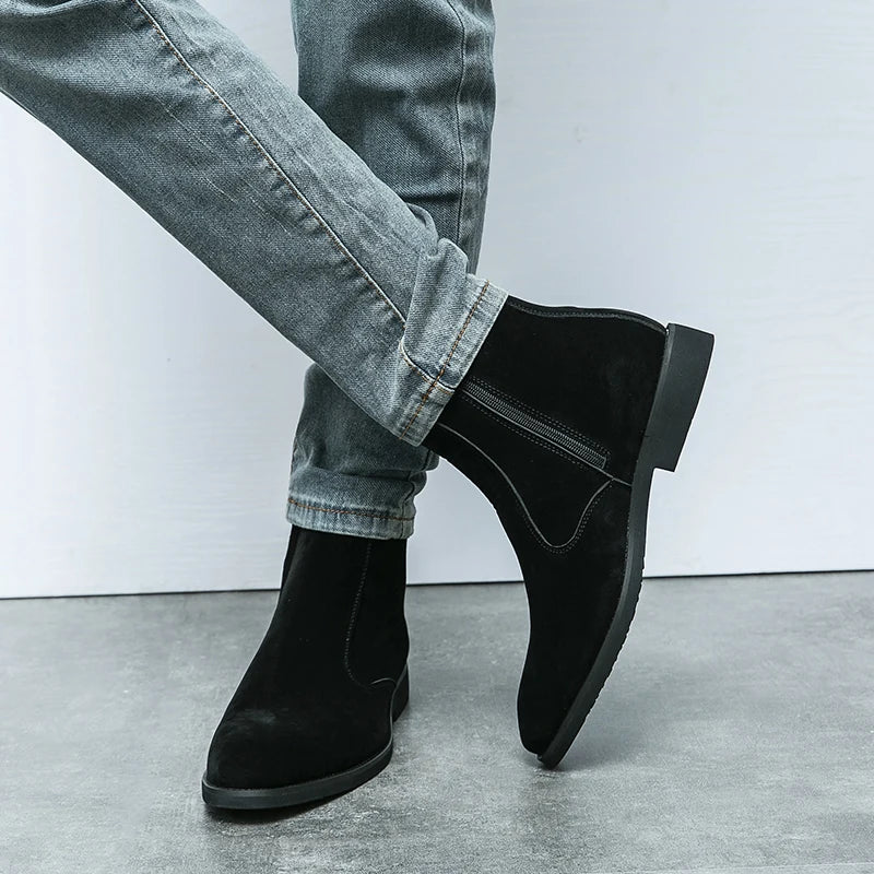 Winter Men Velvet Warm Chelsea Boots British High Top Cowboy Boots European and American Zipper Training Boots Men Sizes 38-46