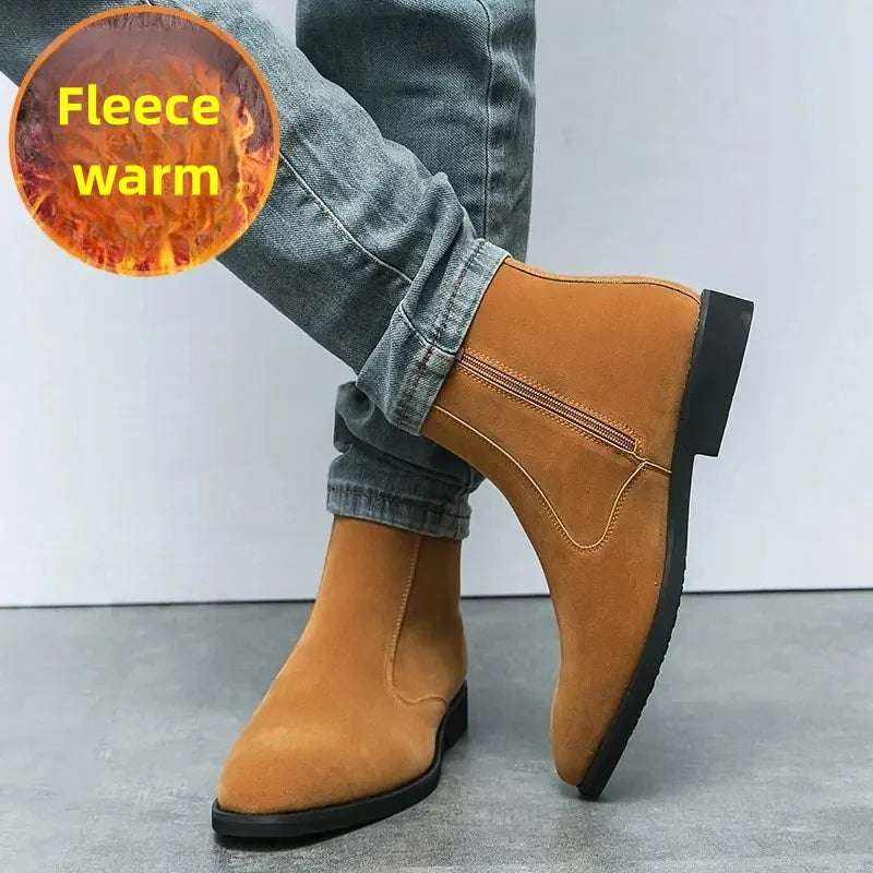 Winter Men Velvet Warm Chelsea Boots British High Top Cowboy Boots European and American Zipper Training Boots Men Sizes 38-46