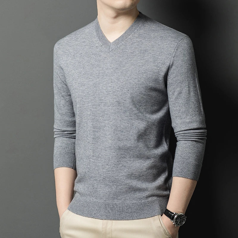 Men's V-Neck Basic Solid Color Sweatshirt Warm Autumn Knitted Oversize Pullover Elastic Round Neck Sweater for Casual Wear
