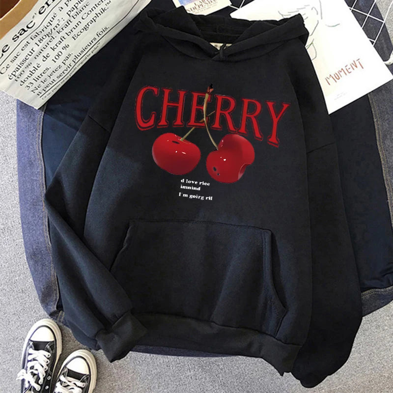 Girls 2000s Cherry Love Long Sleeve Pocket Hoodies Funny Gothic Sweatshirt Women's Print Casual Hoody Streetwear Y2k Clothes