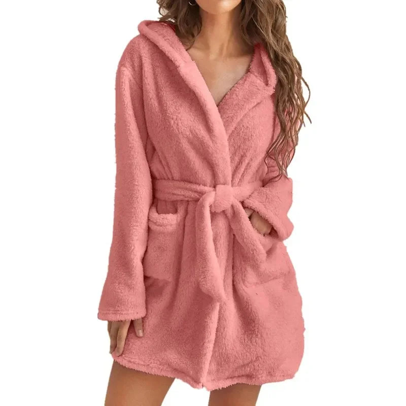 Solid Shower Kimono Robes Hooded for Women Long Sleeves Towel Bathrobe with Waist Girdle Female Cotton Sleepwear for Home Wear