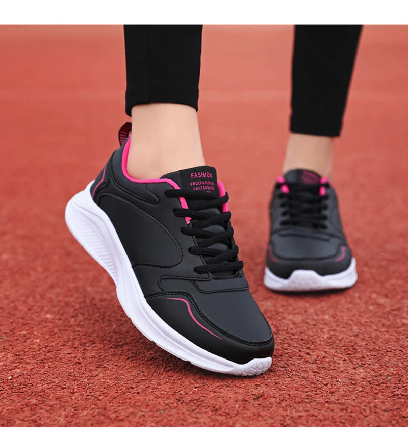 Autumn and Winter Leather Outdoor Running Shoes for Women Flat Sports Casual Shoes for Women White Shoes Large Size Travel