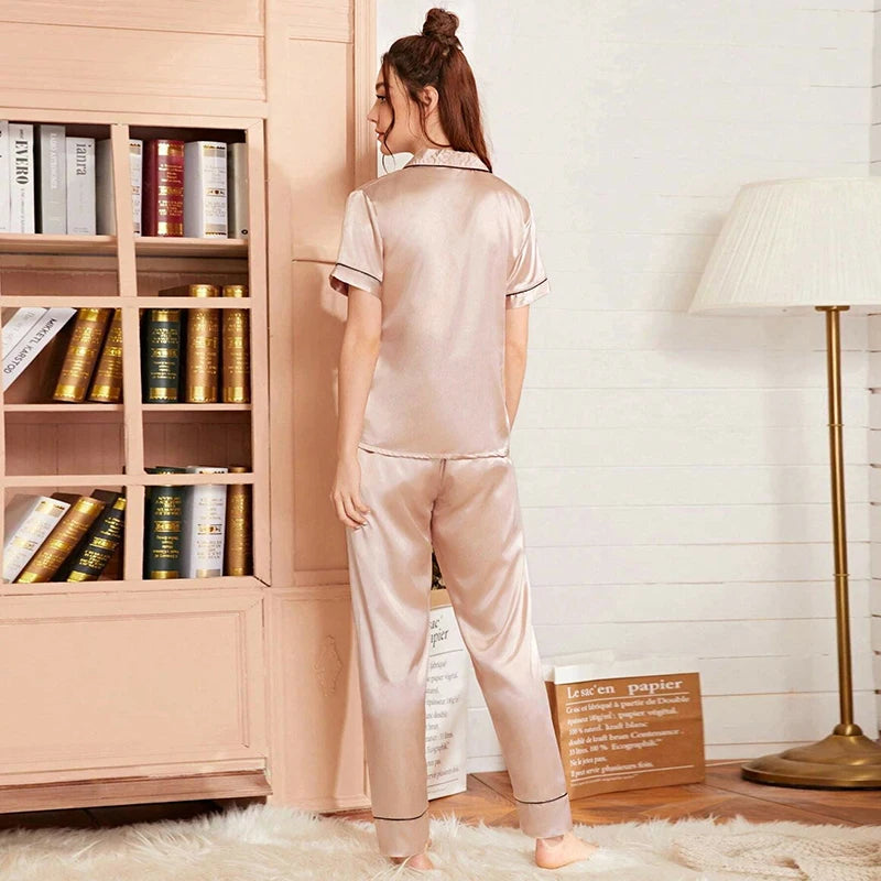 Spring Autumn Pajama Women Silk Satin Pajamas Set Long Sleeve Shirt with Trouser Sleepwear Loungewear Female Pajamas Suits Mujer