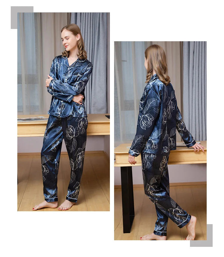 Spring Autumn Pajama Women Silk Satin Pajamas Set Long Sleeve Shirt with Trouser Sleepwear Loungewear Female Pajamas Suits Mujer