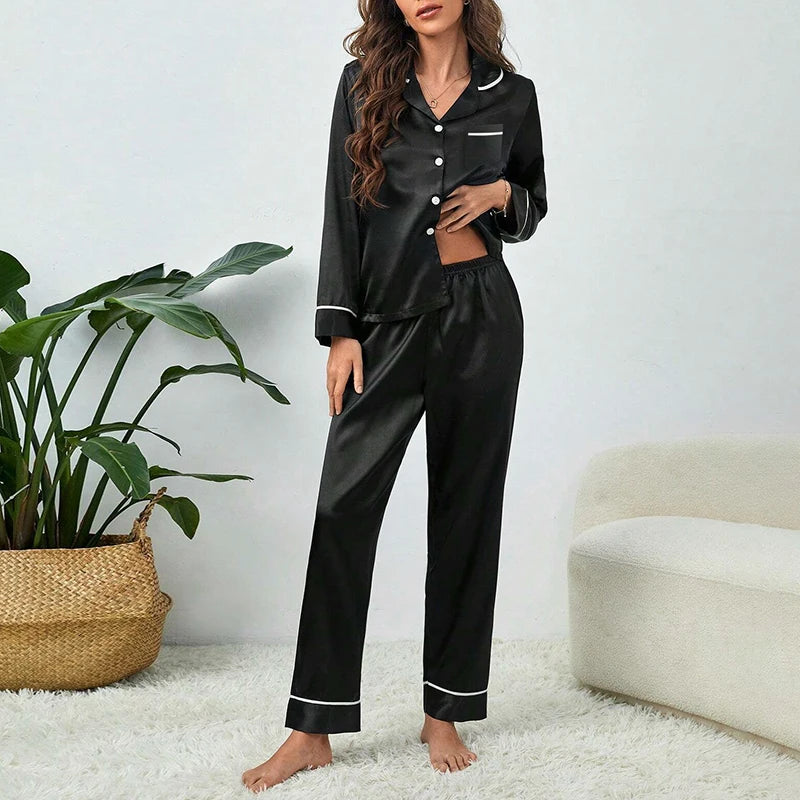 Spring Autumn Pajama Women Silk Satin Pajamas Set Long Sleeve Shirt with Trouser Sleepwear Loungewear Female Pajamas Suits Mujer