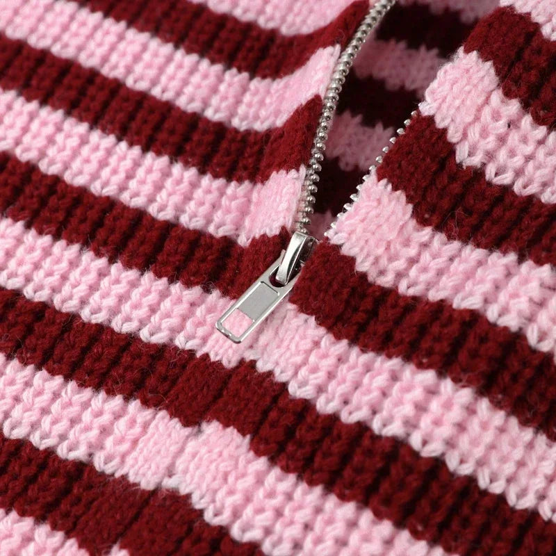 Women's Panelled Striped Zipper Knit Sweater Turtleneck Full Sleeve Coat 2026 Spring Autumn Female Casual Outings Daily Matching
