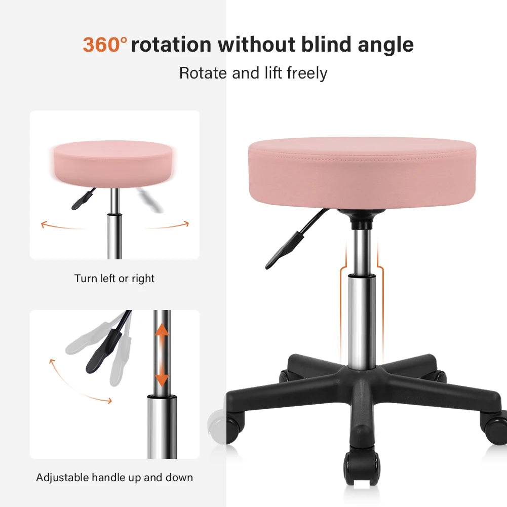 KKTONER Adjustable Swivel Stool with Wheels Round Swivel Stool with Black Base for Drawing Work SPA Massage Parlor in Pink