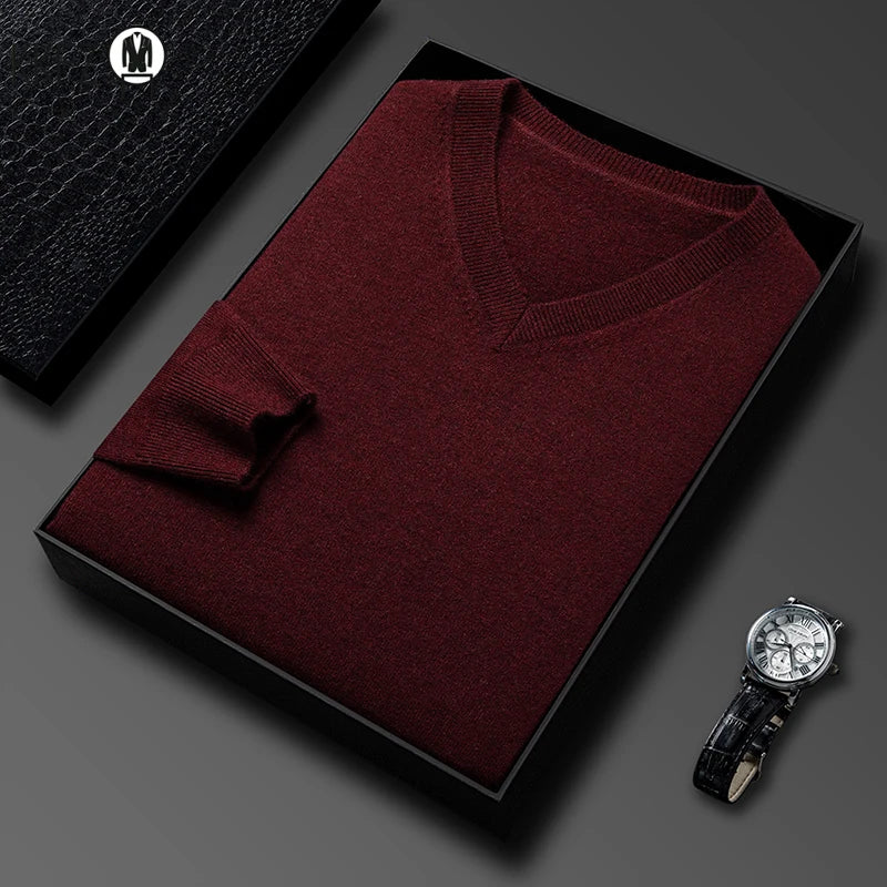 Men's V-Neck Basic Solid Color Sweatshirt Warm Autumn Knitted Oversize Pullover Elastic Round Neck Sweater for Casual Wear