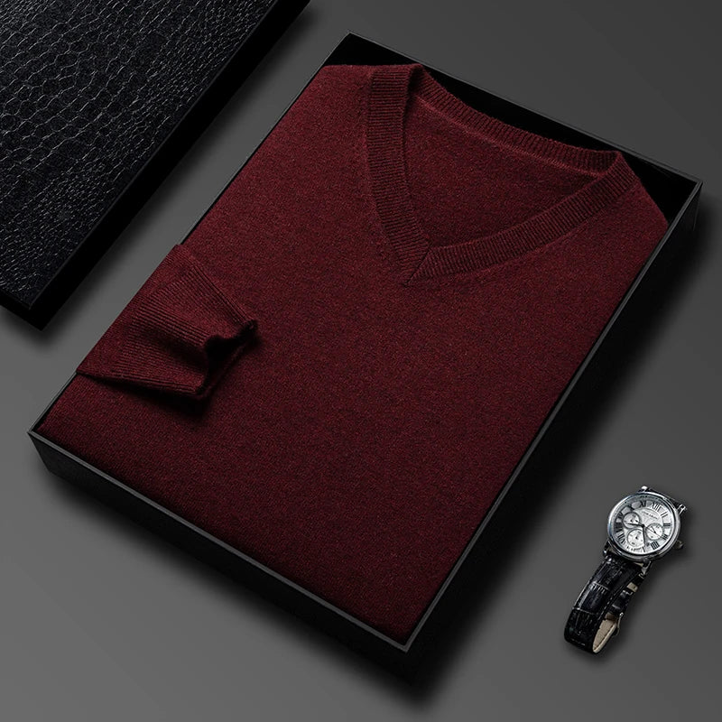 Men's V-Neck Basic Solid Color Sweatshirt Warm Autumn Knitted Oversize Pullover Elastic Round Neck Sweater for Casual Wear