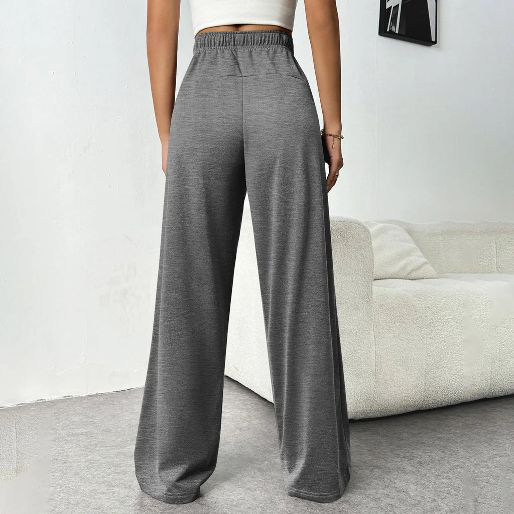 Women New Elastic Waist Pants with Side Pockets Fleece Lined Thick Wide Leg Sweatpants Pure Color Straight Cut