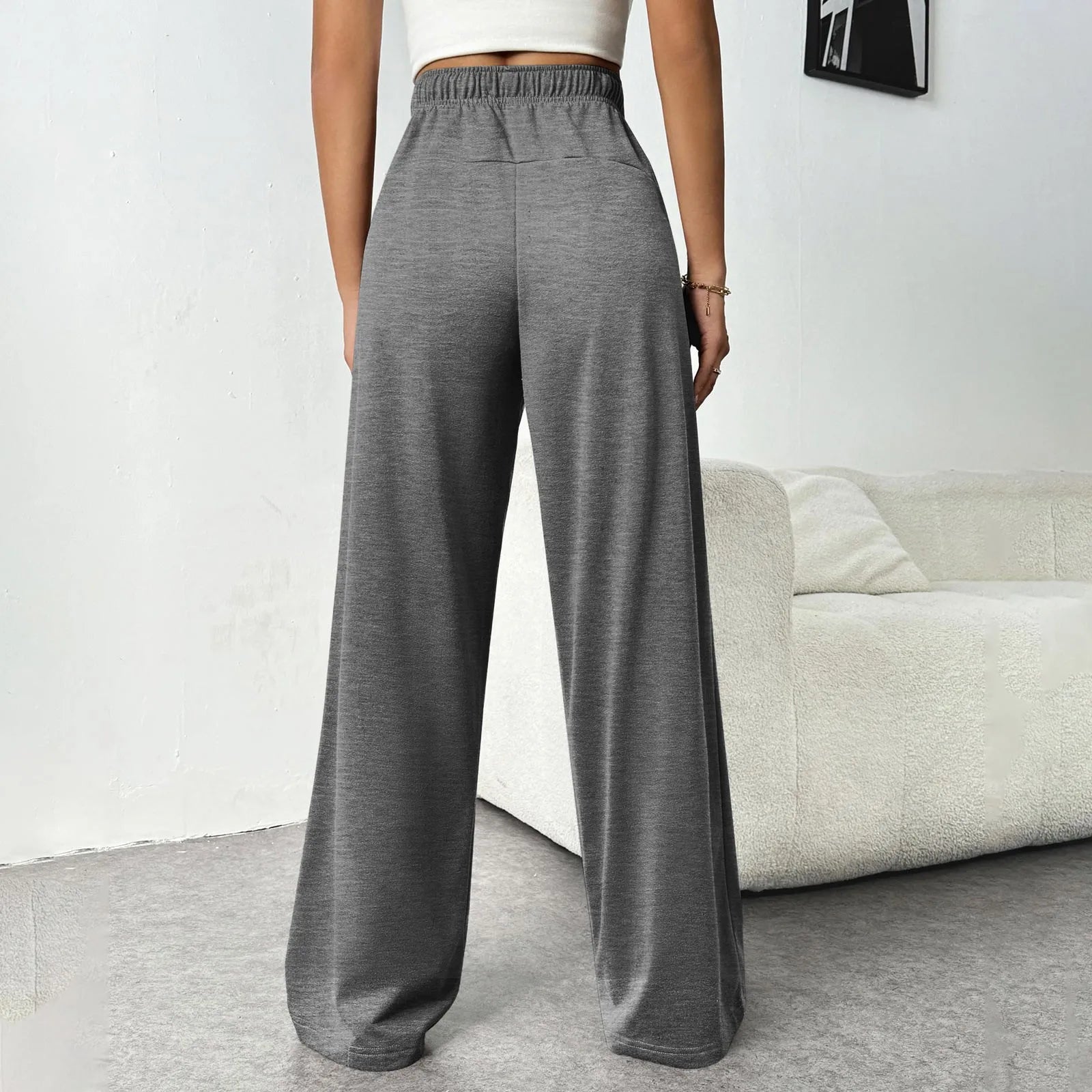 Women New Elastic Waist Pants with Side Pockets Fleece Lined Thick Wide Leg Sweatpants Pure Color Straight Cut