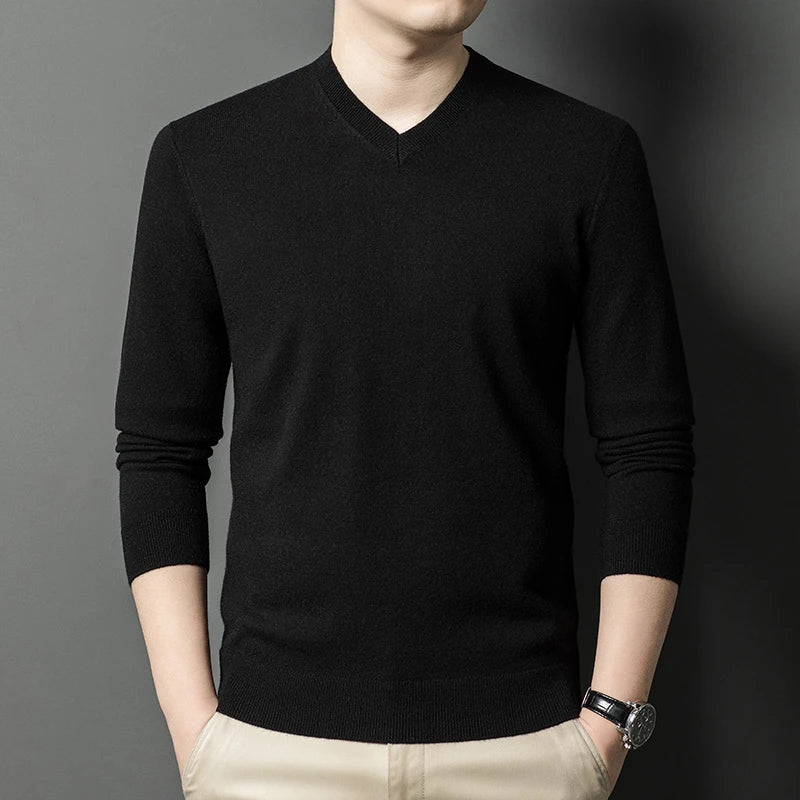 Men's V-Neck Basic Solid Color Sweatshirt Warm Autumn Knitted Oversize Pullover Elastic Round Neck Sweater for Casual Wear