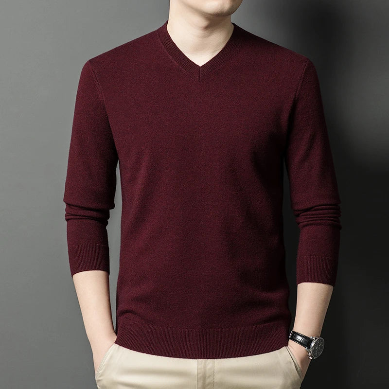 Men's V-Neck Basic Solid Color Sweatshirt Warm Autumn Knitted Oversize Pullover Elastic Round Neck Sweater for Casual Wear