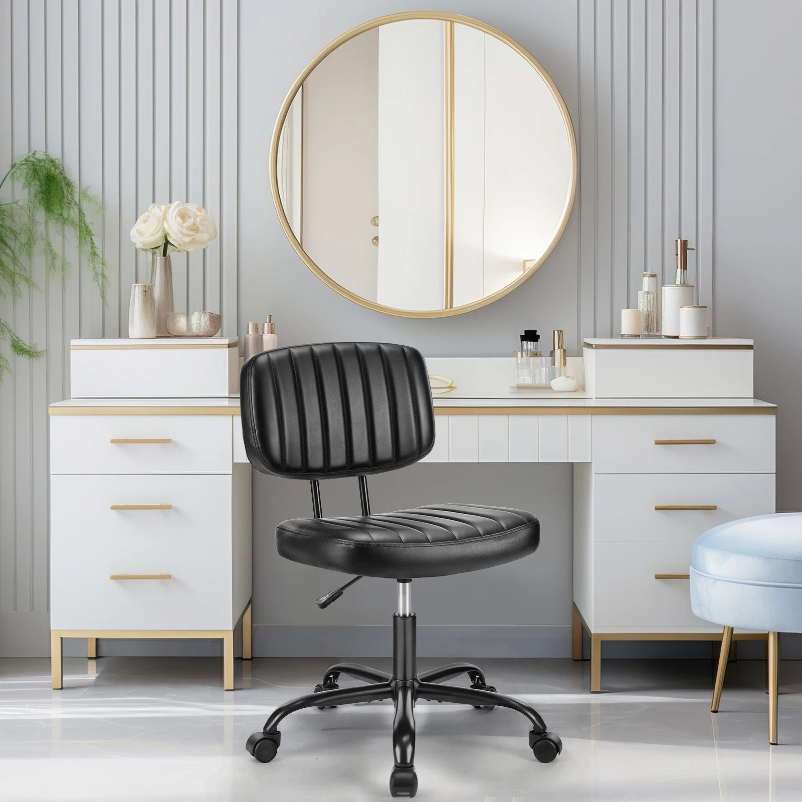 JHK Armless Office Desk Chair with Back Lumbar Support, Height Adjustable PU Leather Computer Chair with 360° Swivel Rolling Wheels