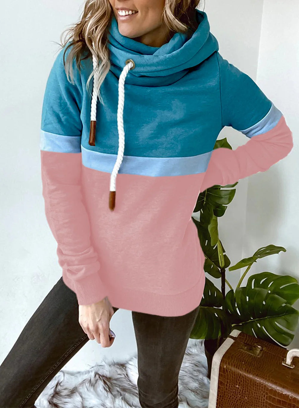 Women's 2024 New Autumn and Winter Solid Color Stitching Casual High Collar Hooded Sweatshirt